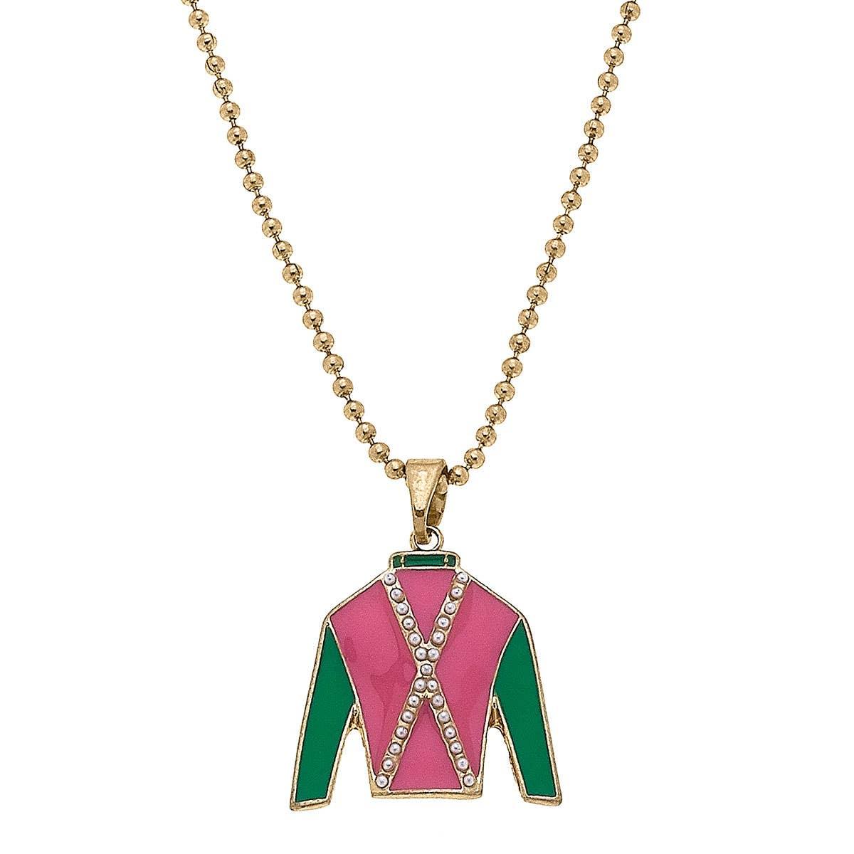 Canvas Style - Justify Jockey Silk Enamel Pendant Necklace in Pink and Green - Bexa Boutique