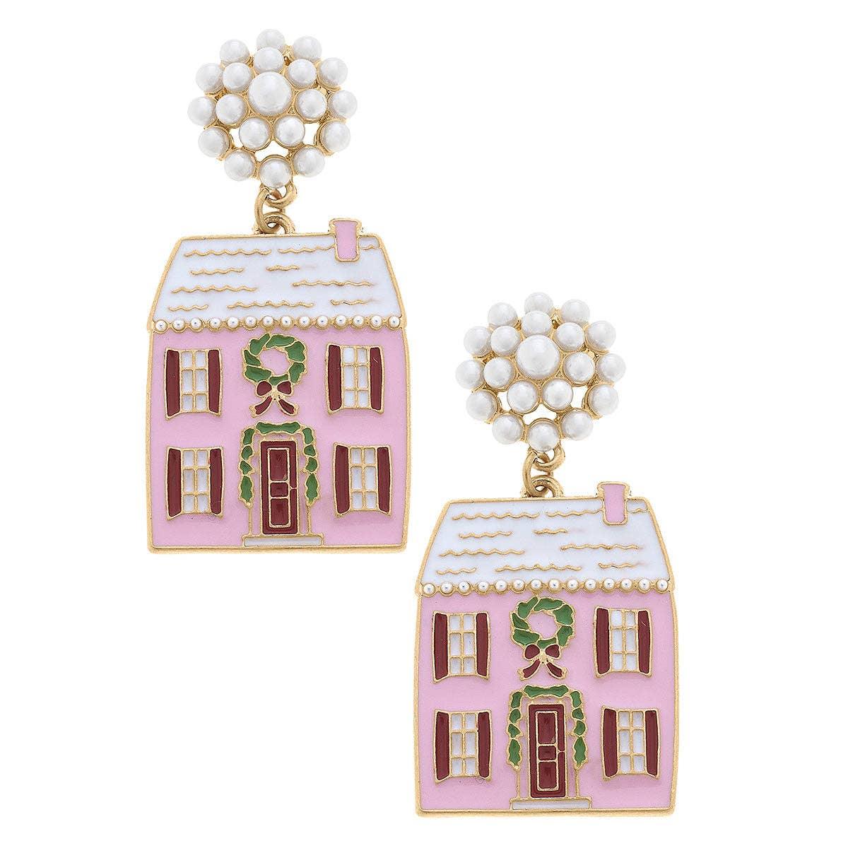 Christmas House Enamel Earrings in Pink - Pretty Crafty Lady Shop