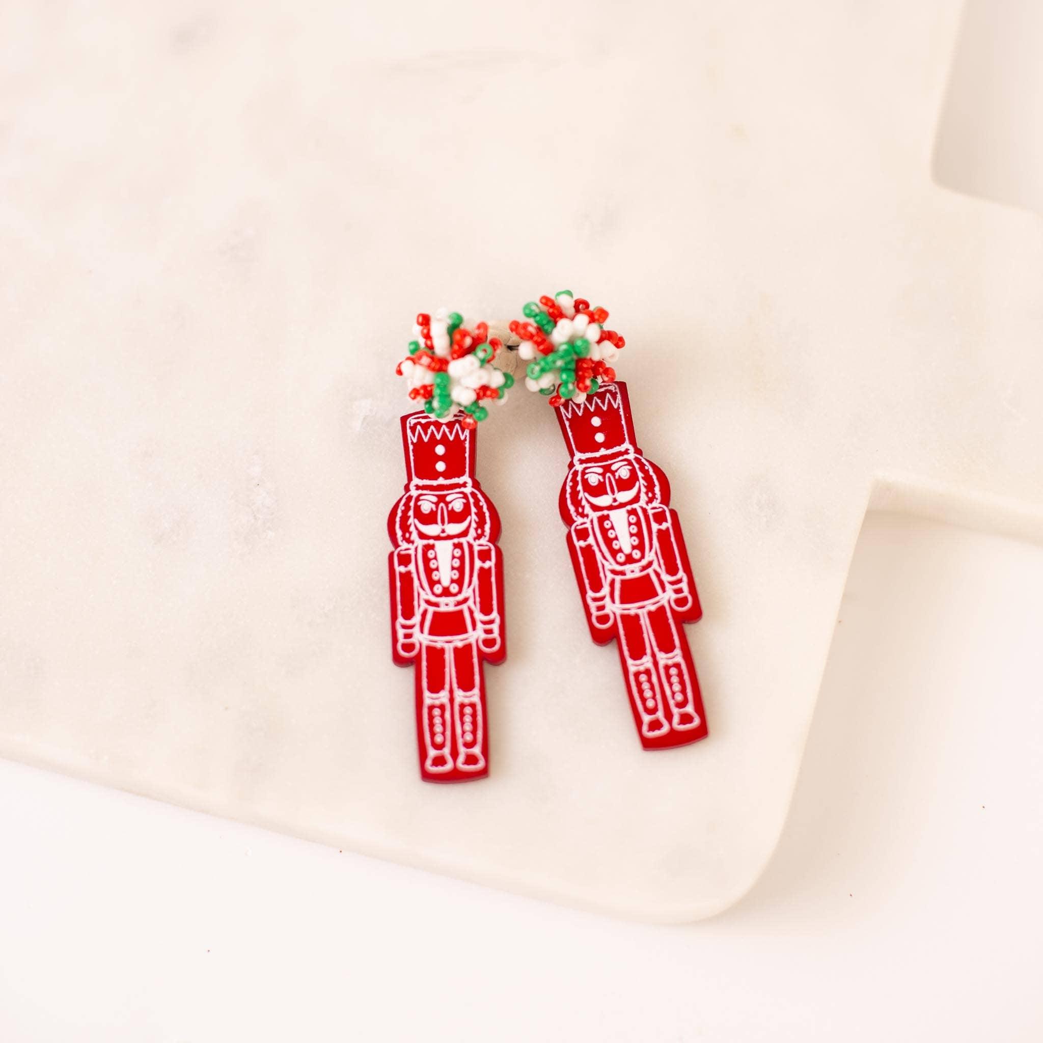 Nutcracker Pom Pom Earrings Red 3" - Pretty Crafty Lady Shop