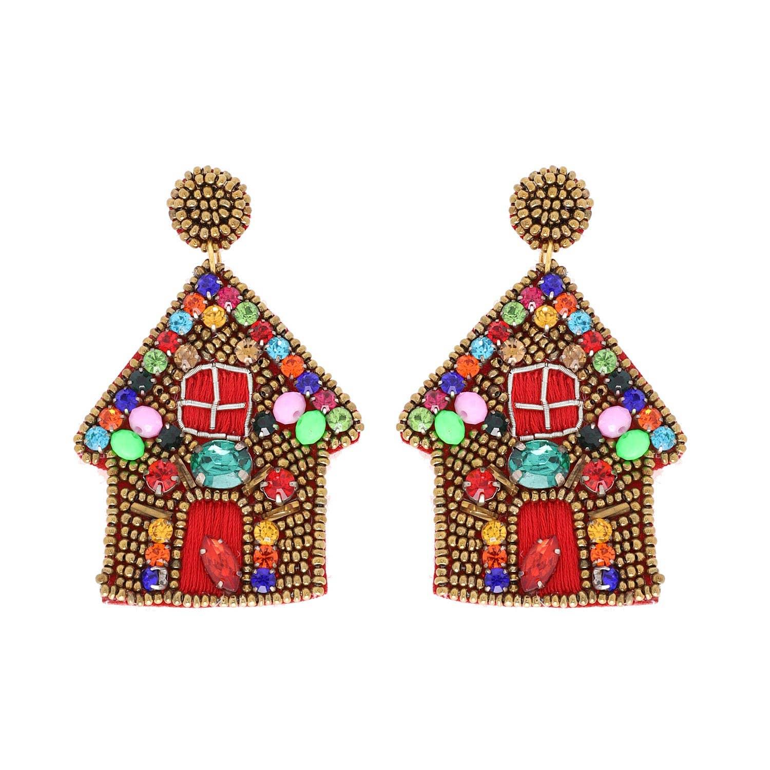 Jeweled & Beaded Gingerbread House Dangle Earrings - Pretty Crafty Lady Shop