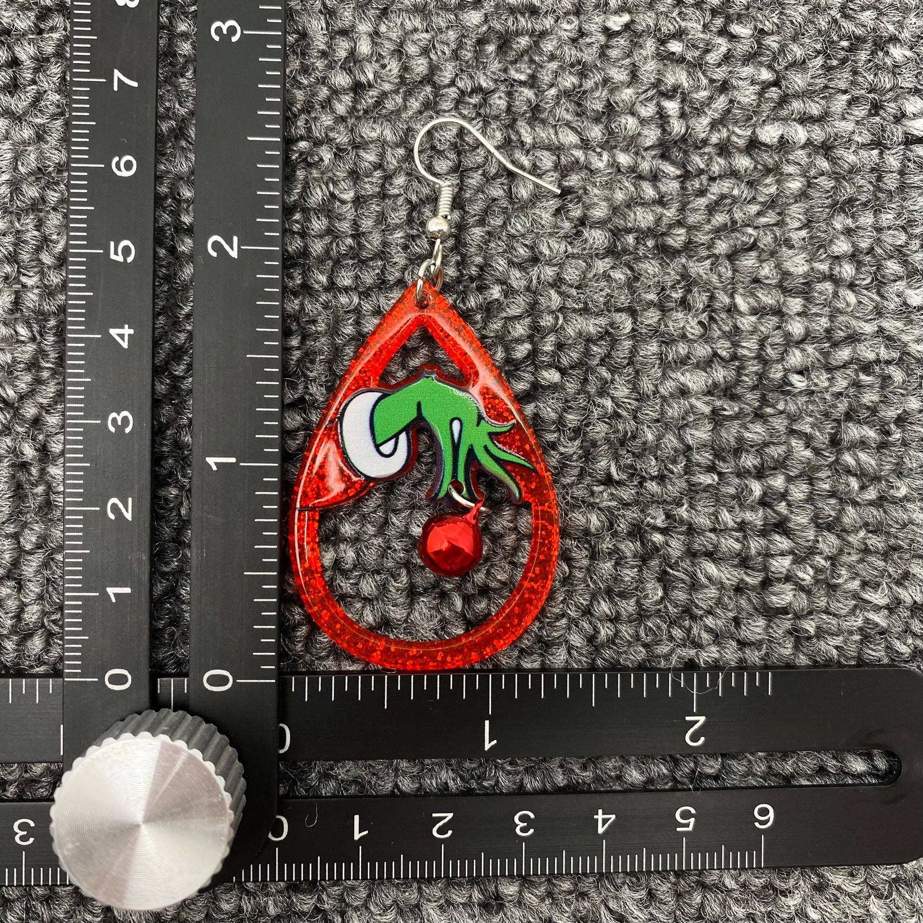 Christmas Acrylic Grinch Holding Bell Dangle Earrings