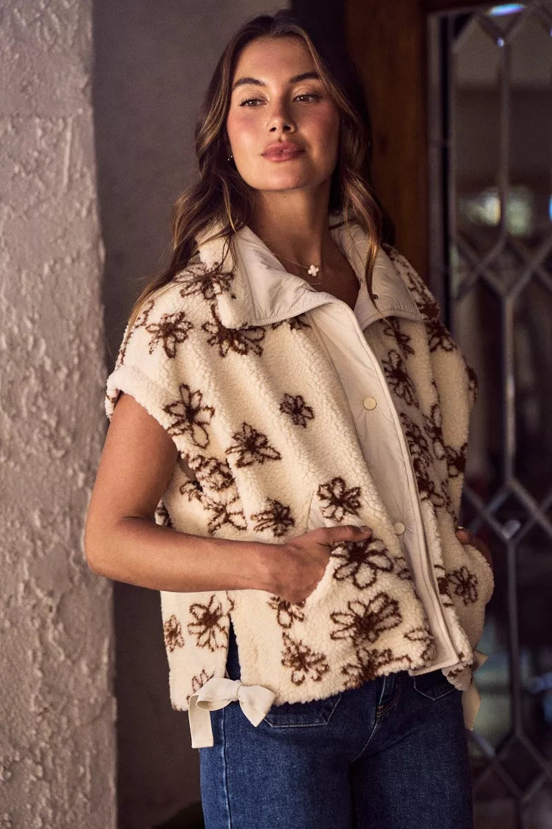 SO ME Flower Sherpa Fur Oversized Sleeveless Vest Jacket - BROWN - Bexa Boutique