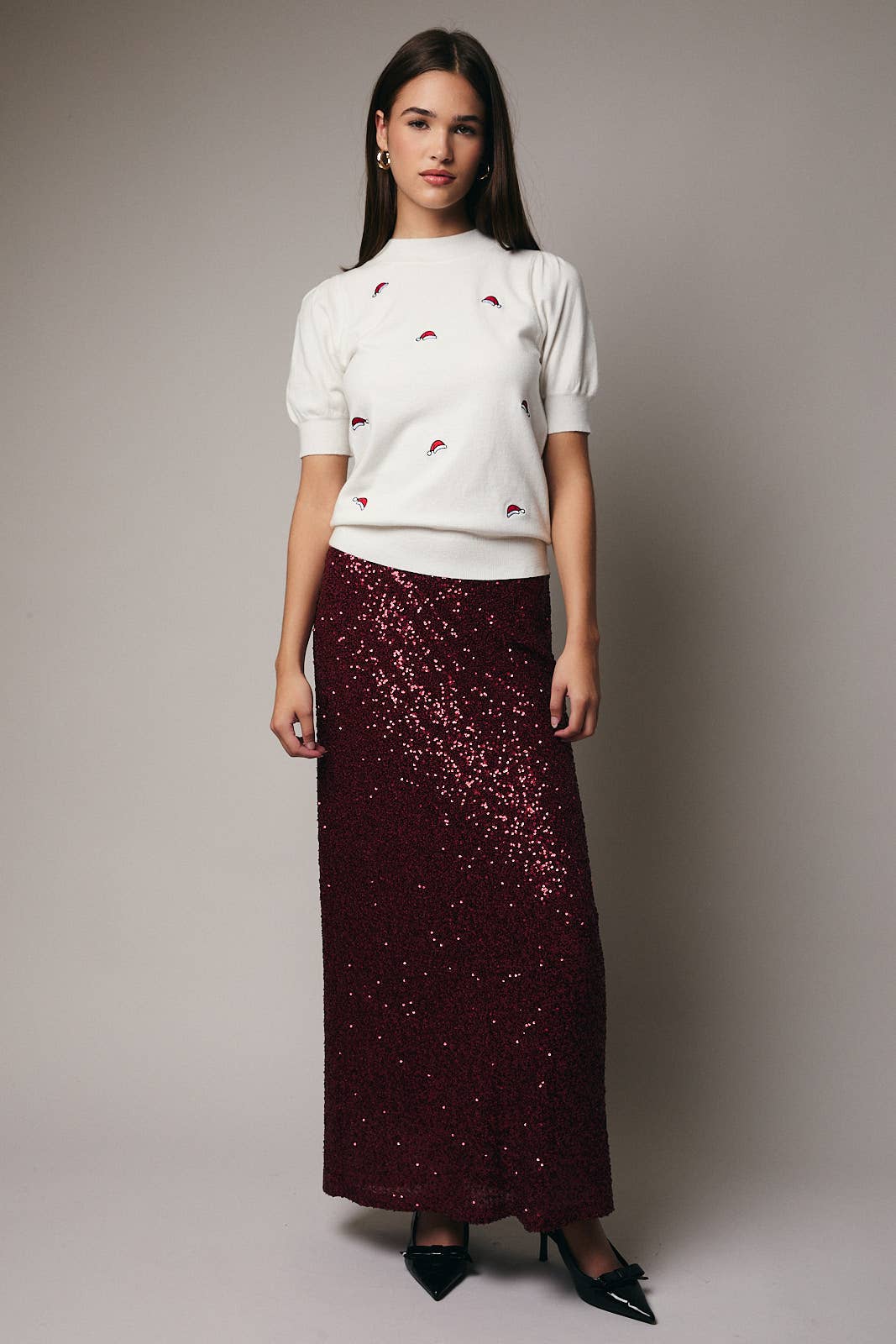 Mock Neck Santa Hat Embroidered Short Sleeve Sweater