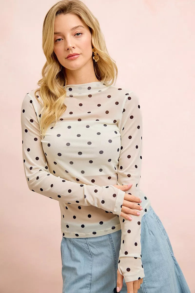 BiBi High Neck Line Polka Dots Mesh Top With Thumb Open - IVORY/BLACK - Bexa Boutique