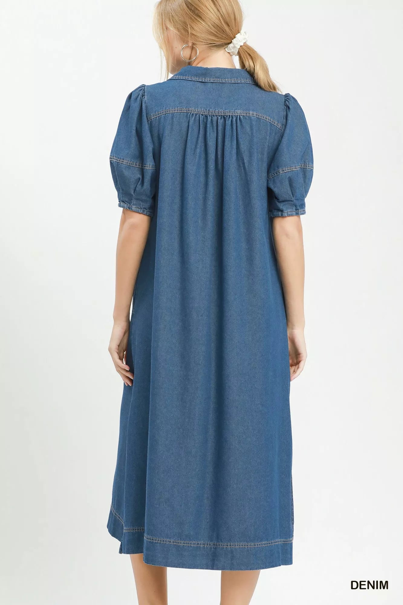 Umgee Chambray Collared Puff Sleeve Dress - DENIM - Bexa Boutique