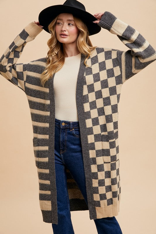 Open Front Gray Check Cardigan Sweater