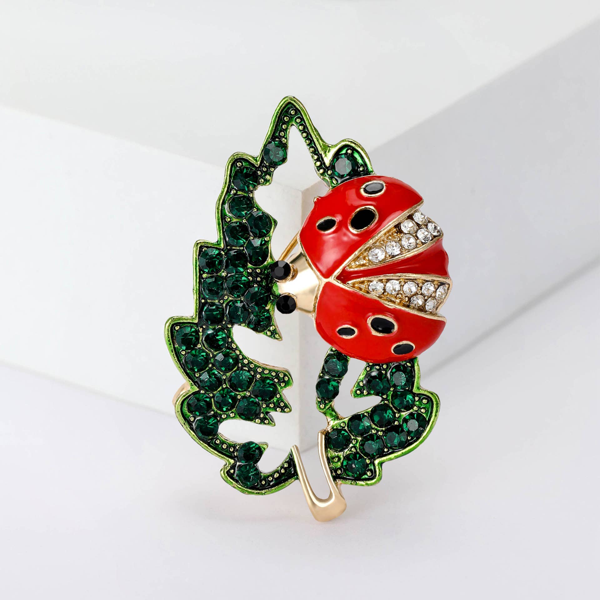 Ladybird Leaf Rhinestone Brooch Pin