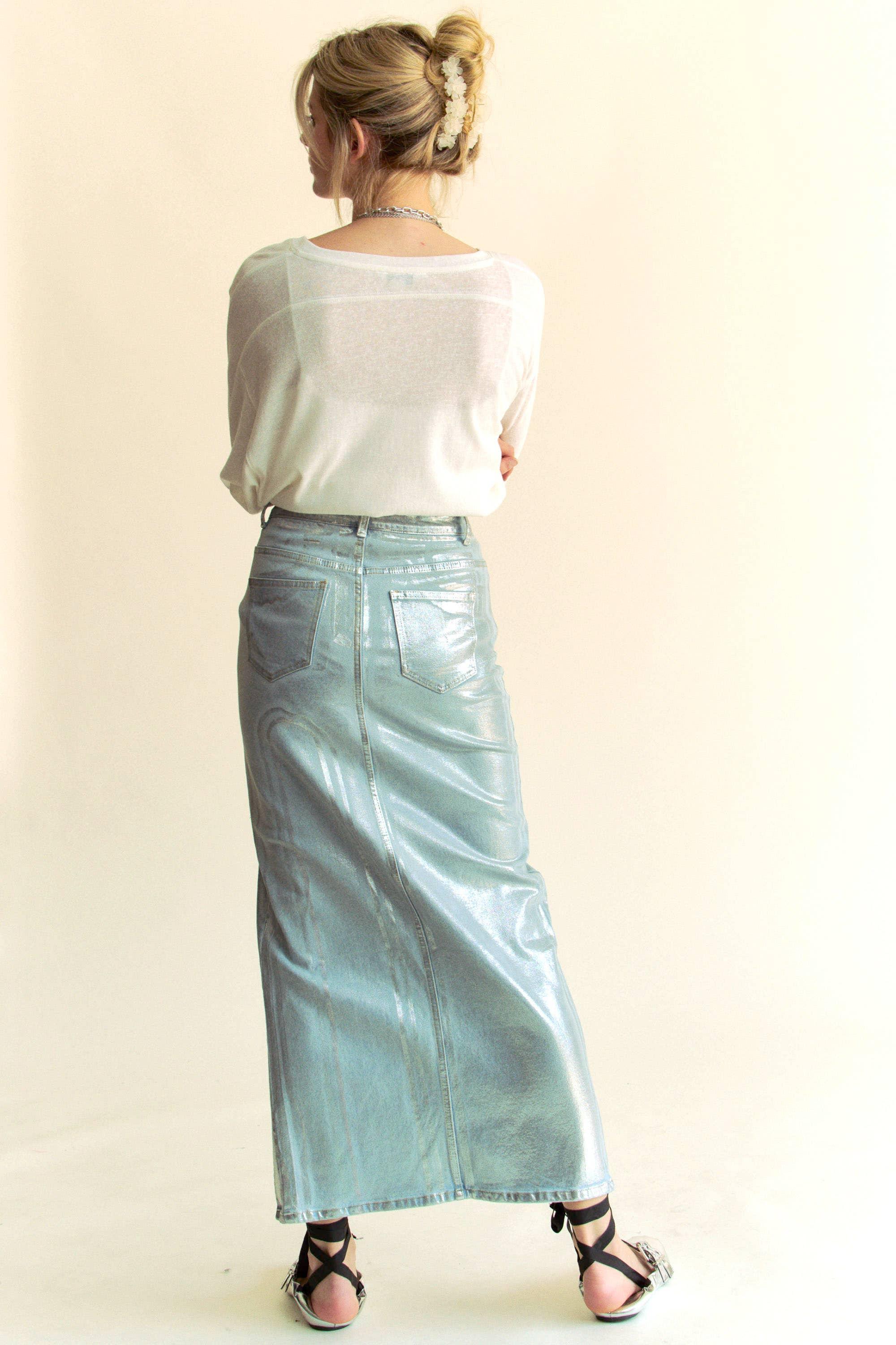 Silver Foiled Maxi Jean Skirt