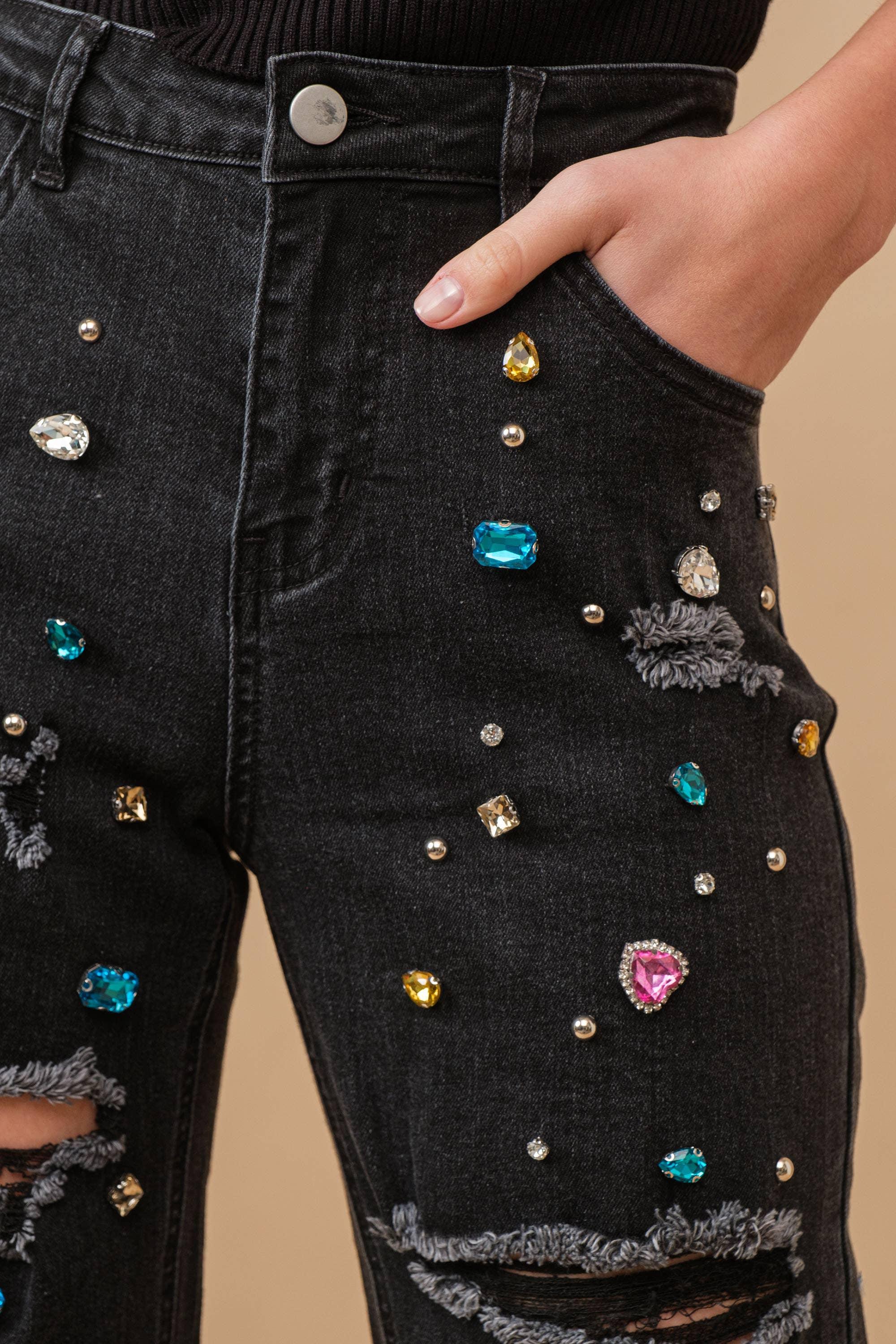 Blue B High Waisted Rhinestone Straight cut Denim Jeans