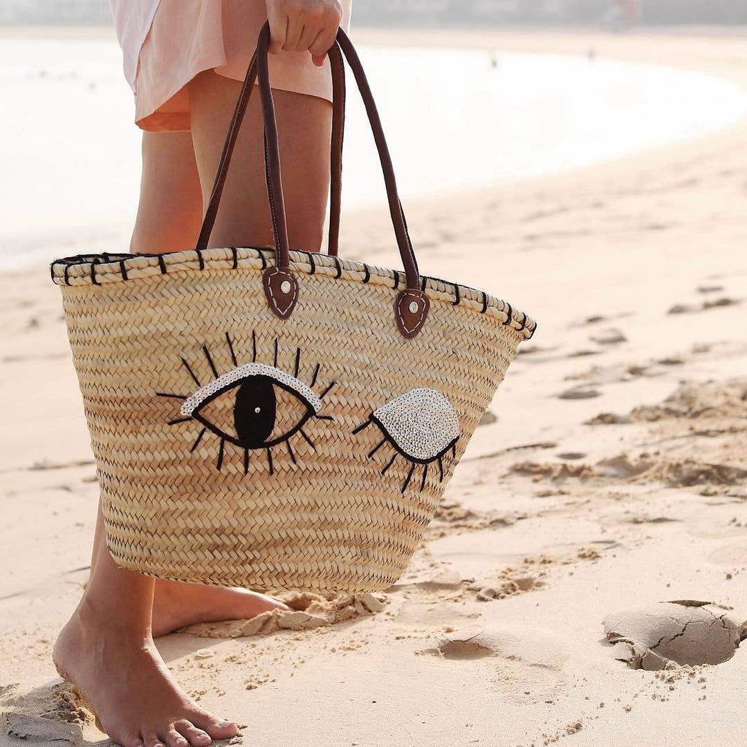 Market basket STRAW BAG Handmade with leather, French Market