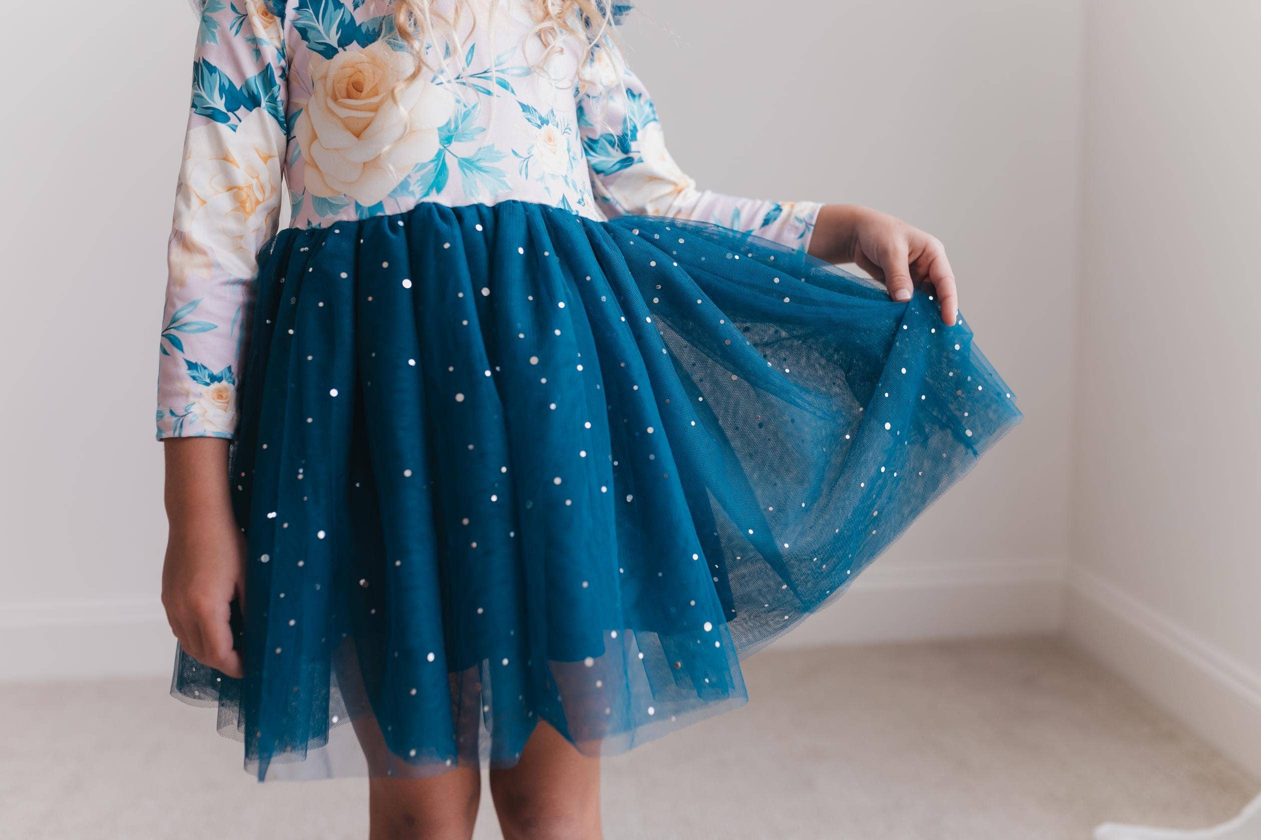 Blue Floral Print Sparkle Tulle Dress