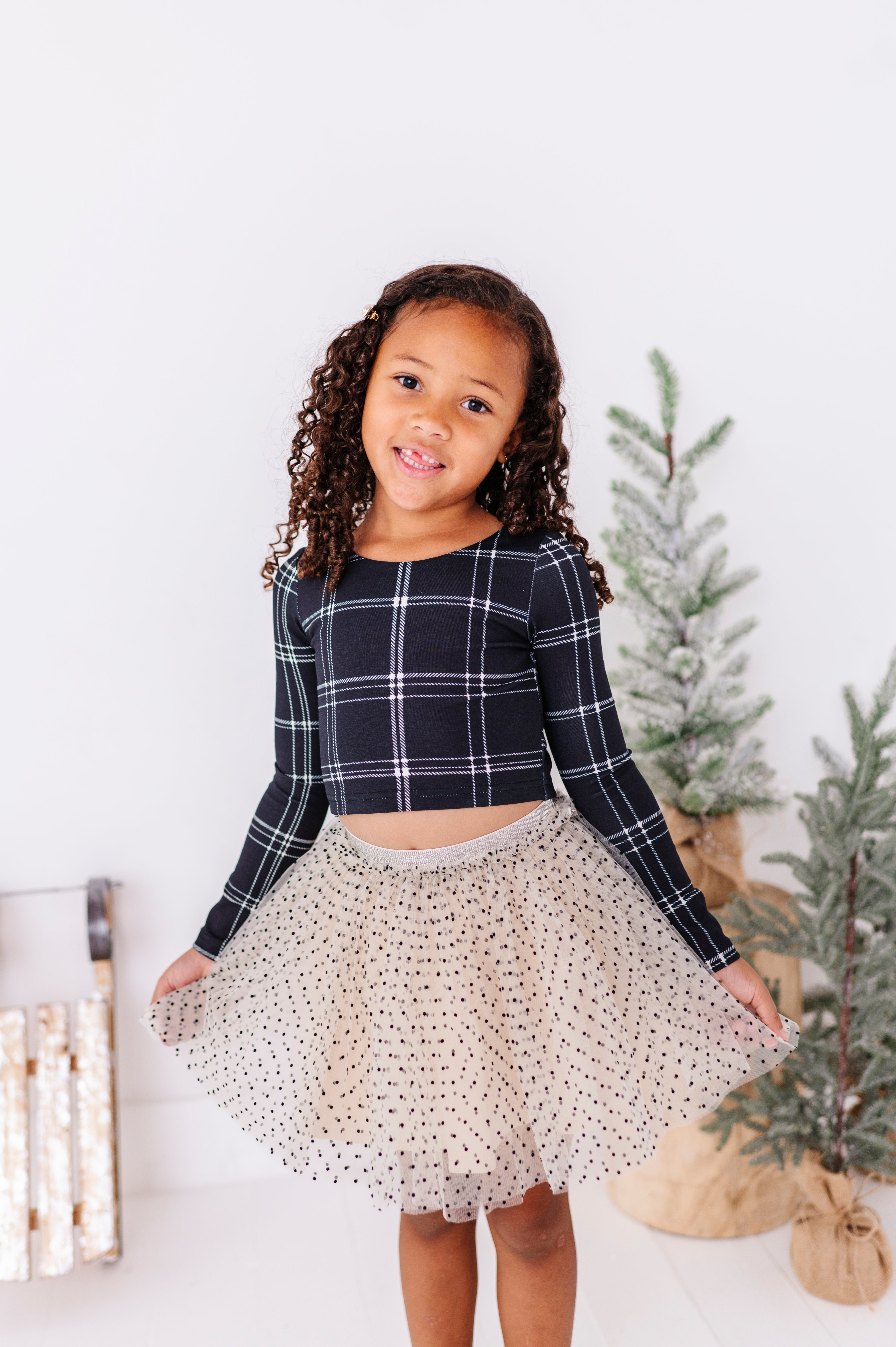 Black Plaid Top | CROPPED Bow Back Long Sleeve Top