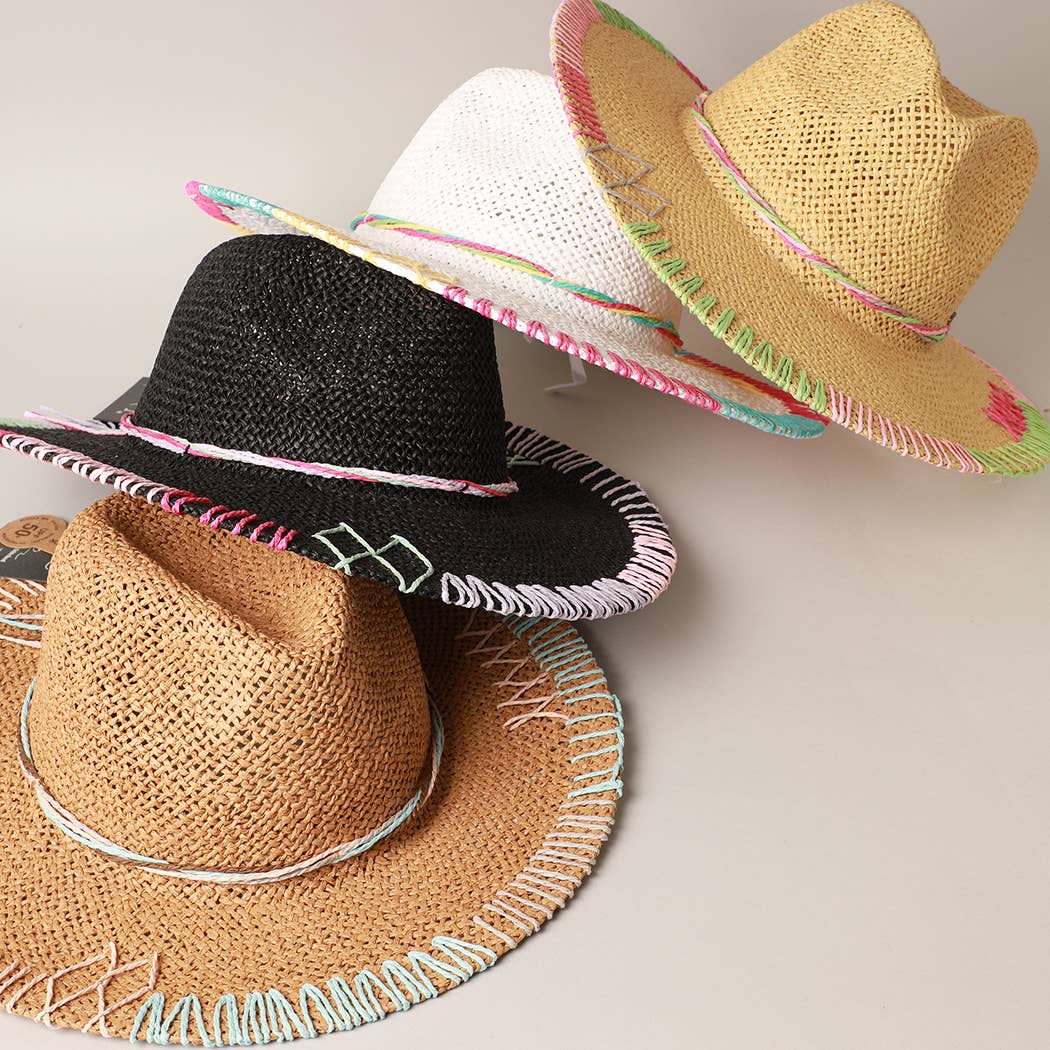 Multi-Colored Stitched Brim Panama Hat