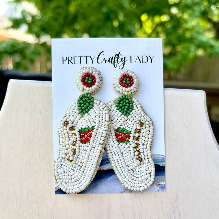 Red & Green Stripe Beaded White Sneaker Earrings - Pretty Crafty Lady Shop