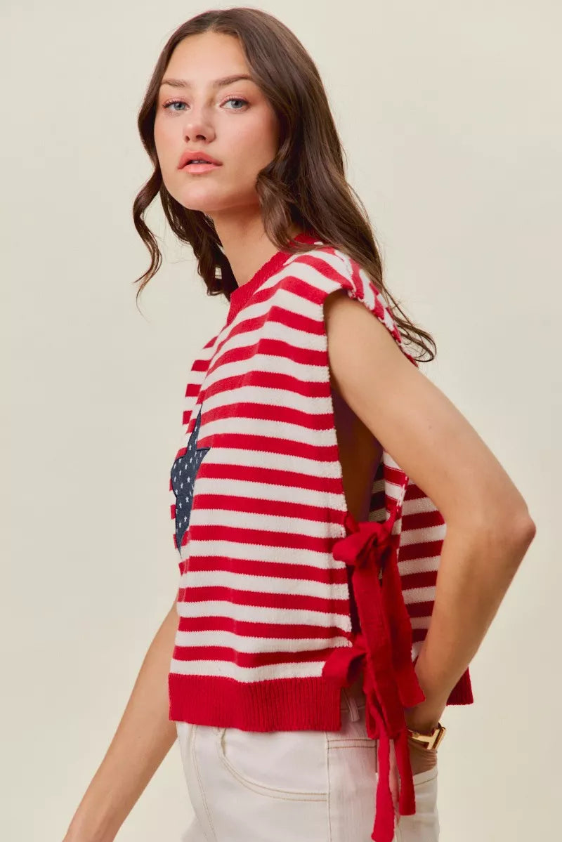 SO ME Stripe Star Patch 4th Of July Side Tie Vest Top - RED/IVORY - Bexa Boutique
