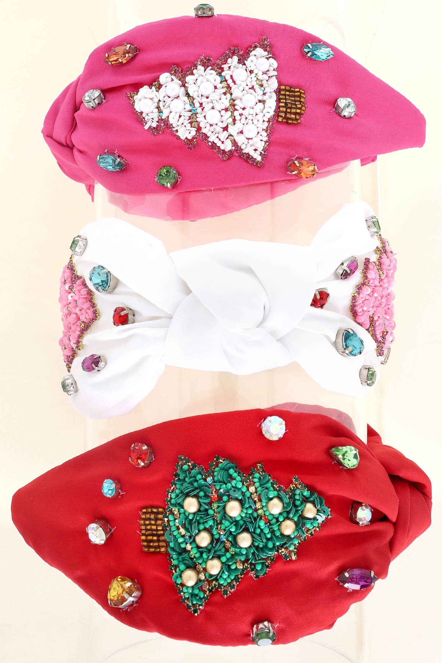 Jeweled Christmas Tree Beaded Knotted Headband: Pink - Bexa Boutique