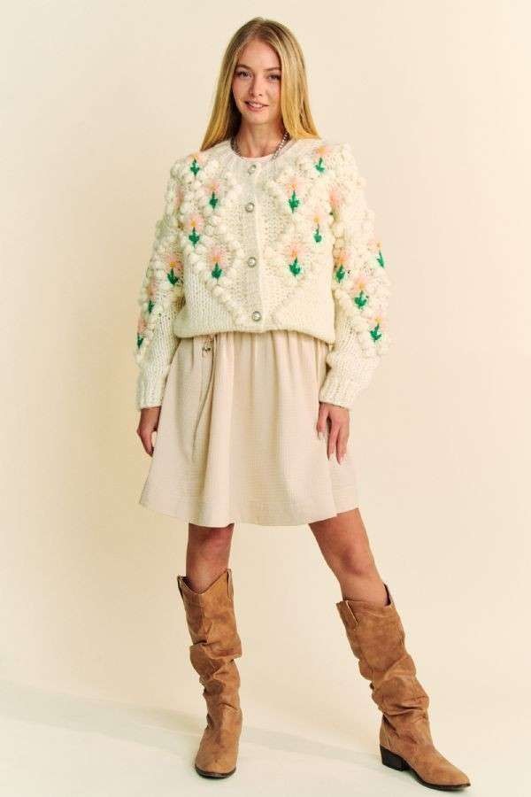 Cream Floral Cardigan Sweater