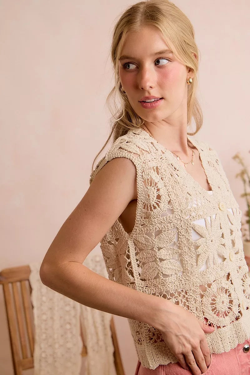 SO ME Summer Crochet Patterned Sleeveless Vest Top - NATURAL - Bexa Boutique