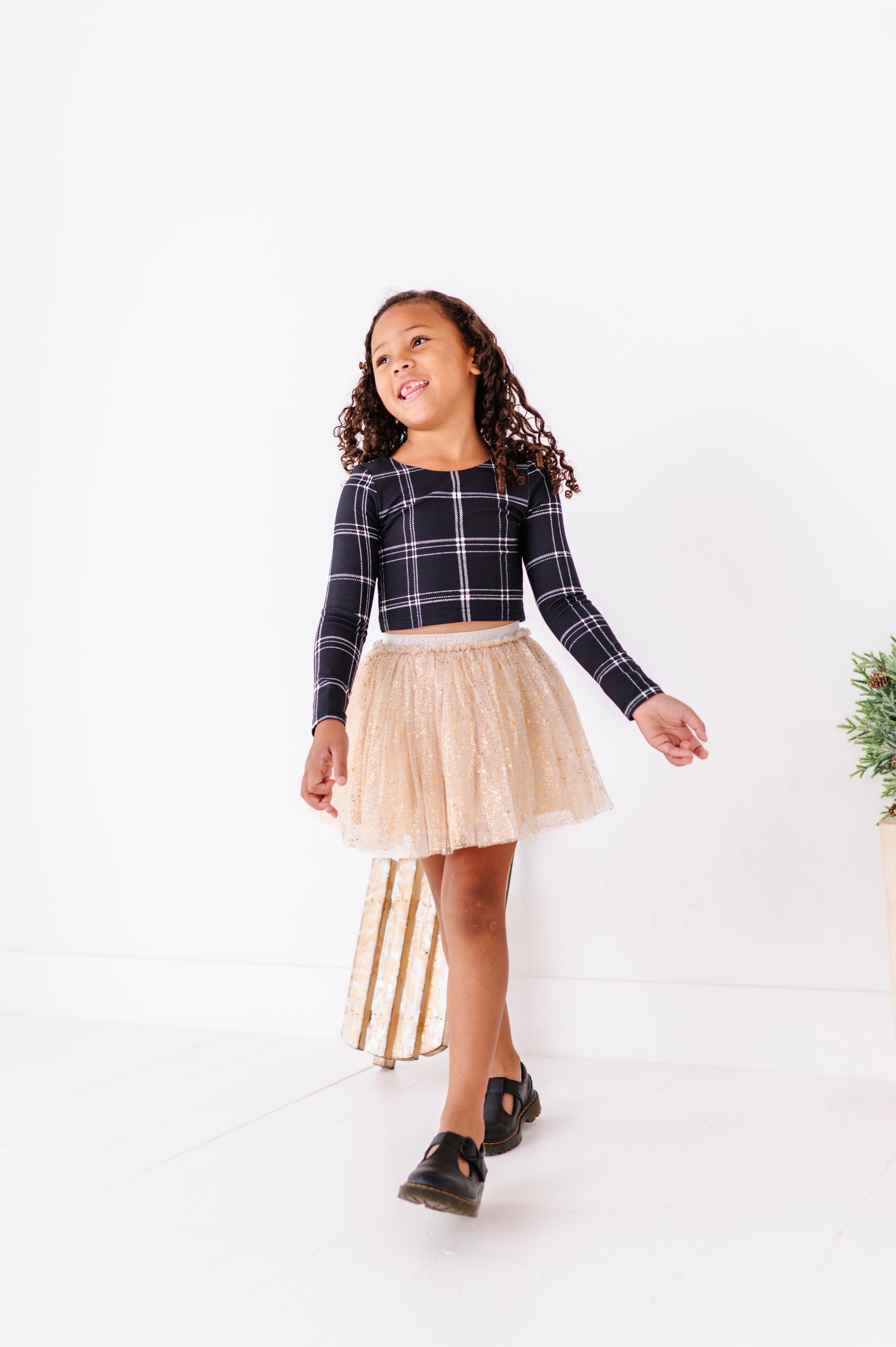 Black Plaid Top | CROPPED Bow Back Long Sleeve Top