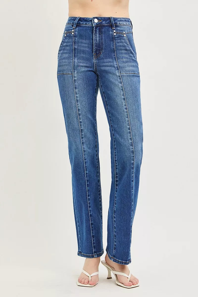 RISEN High Rise Straight Patch Pocket Seamed Jeans - Dark - Bexa Boutique