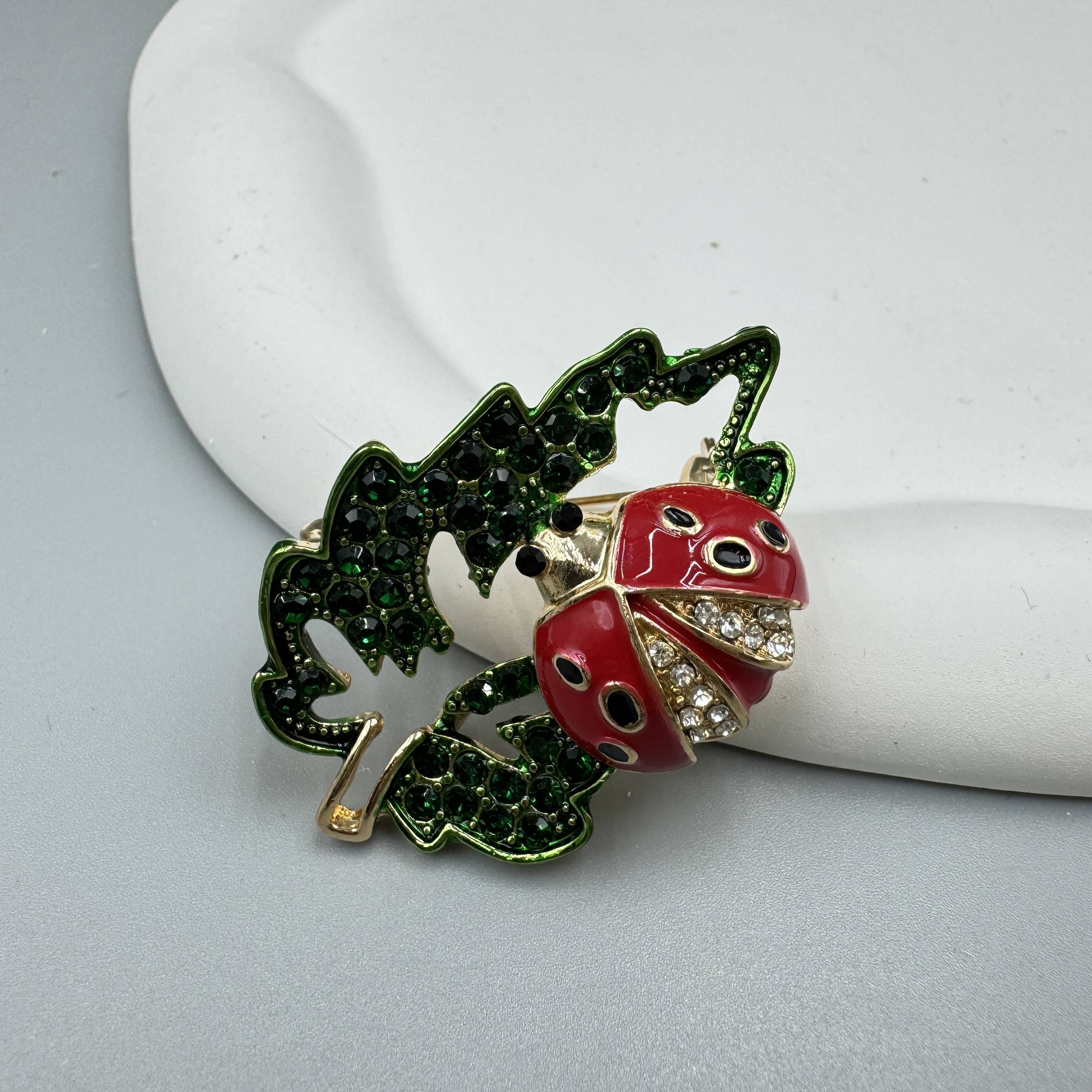 Ladybird Leaf Rhinestone Brooch Pin