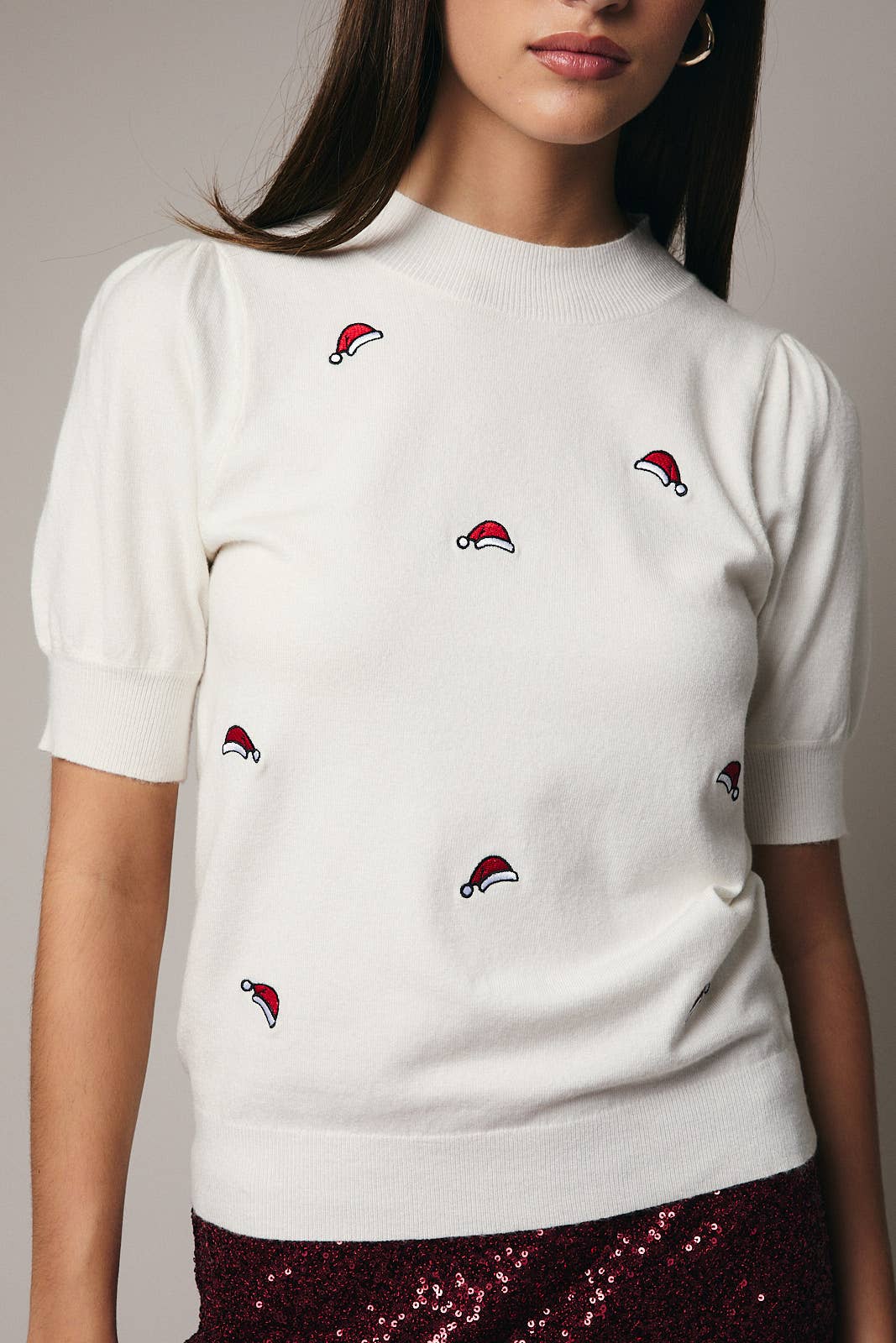 Mock Neck Santa Hat Embroidered Short Sleeve Sweater