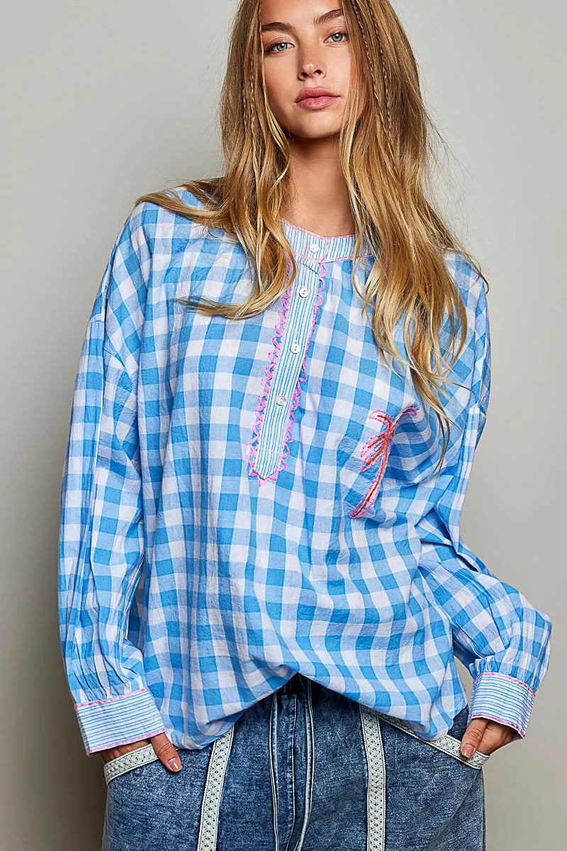 POL Gingham Embroidered Palm Tree Blouse - BLUE MULTI - Bexa Boutique