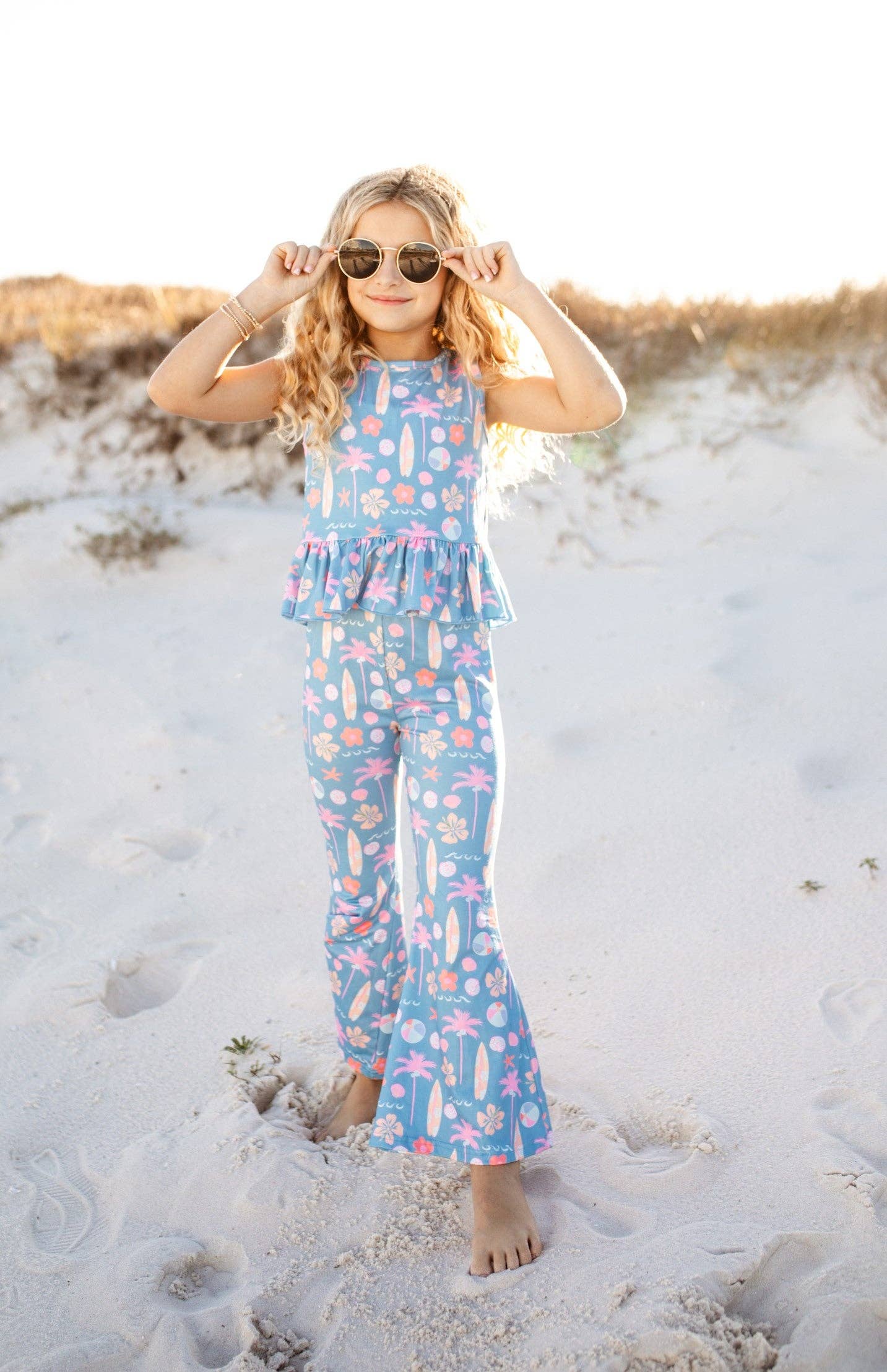 Kids Dusty Blue & Pink Summer Surf Print Flare Pant Set