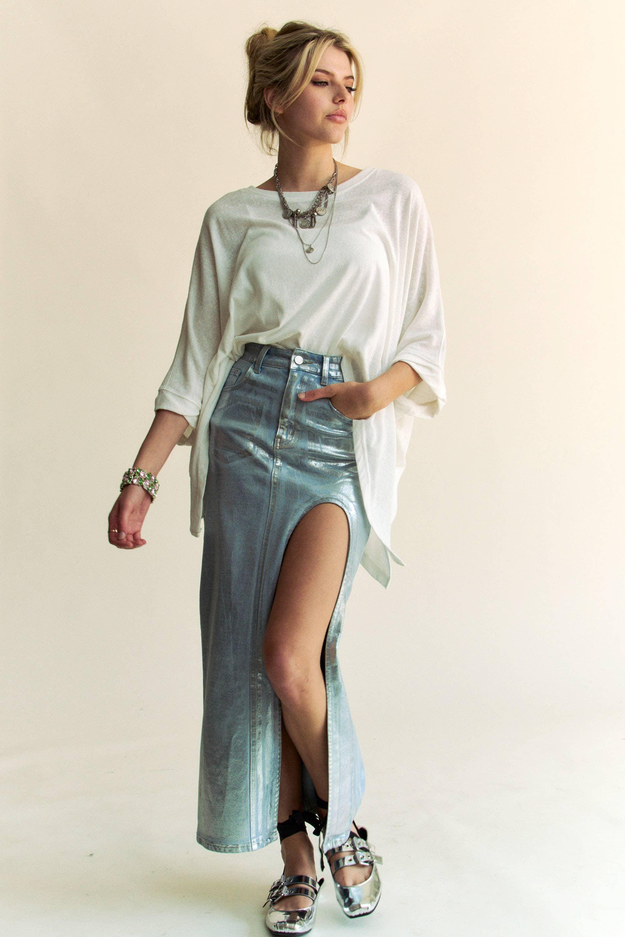 Silver Foiled Maxi Jean Skirt