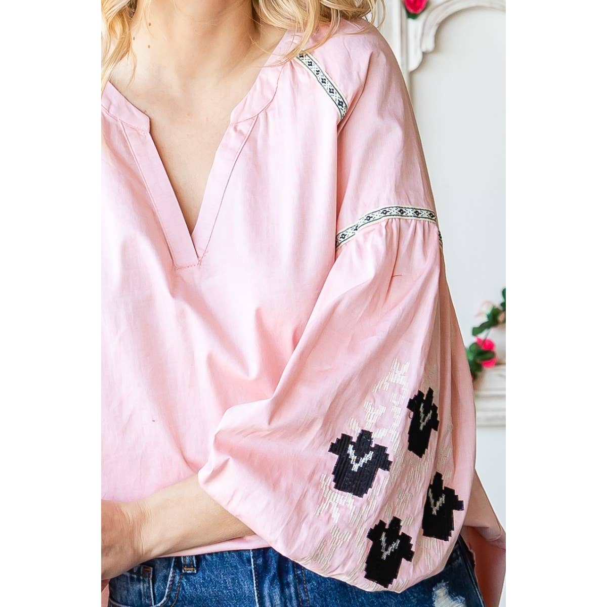 Band Collar Embroidered Puff Sleeve Peasant Blouse