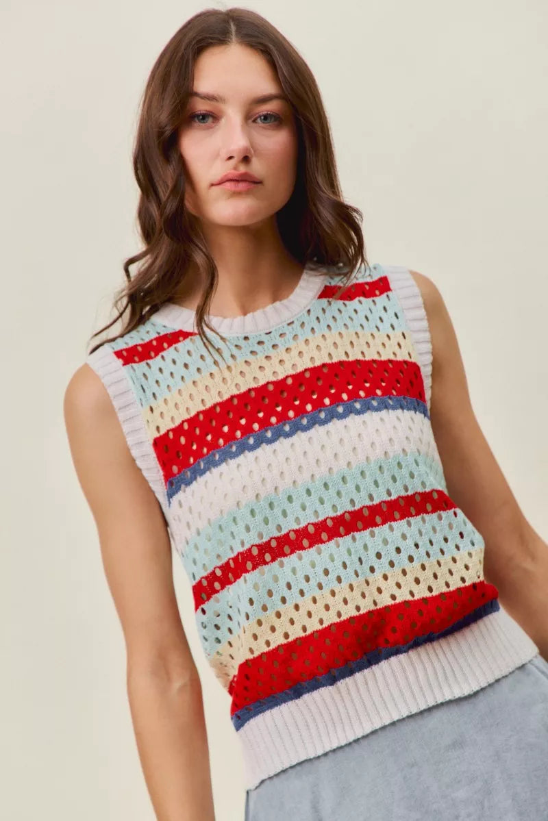 SO ME Tie Back Multi Stripe Sweater Knit Tank Top - RED MULTI - Bexa Boutique