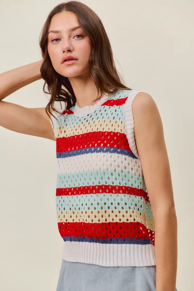 SO ME Tie Back Multi Stripe Sweater Knit Tank Top - RED MULTI - Bexa Boutique