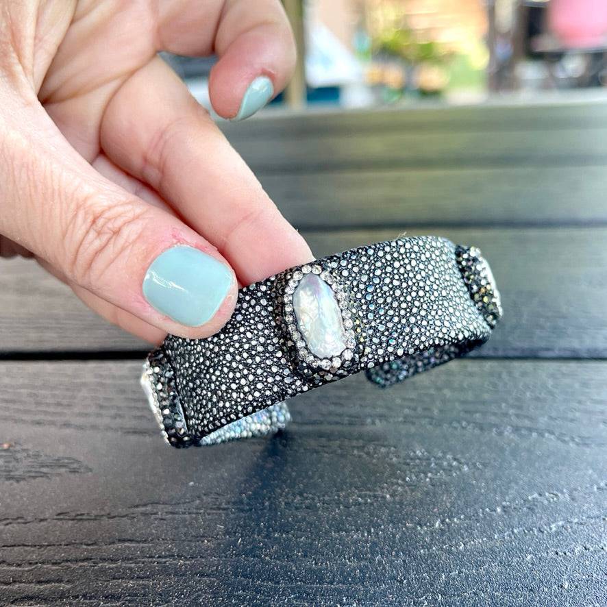 Stingray Gray Open Cuff Bracelet with Pearls and Rhinestones - Bexa Boutique
