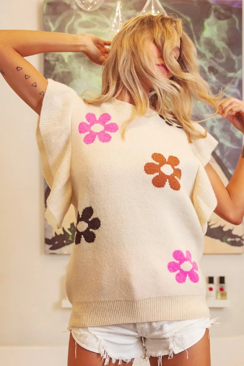 BiBi Flower Printed Ruffled Sleeves Top - OATMEAL - Bexa Boutique