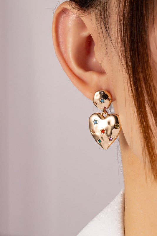 A212 puffy heart earrings with rhinestones stars