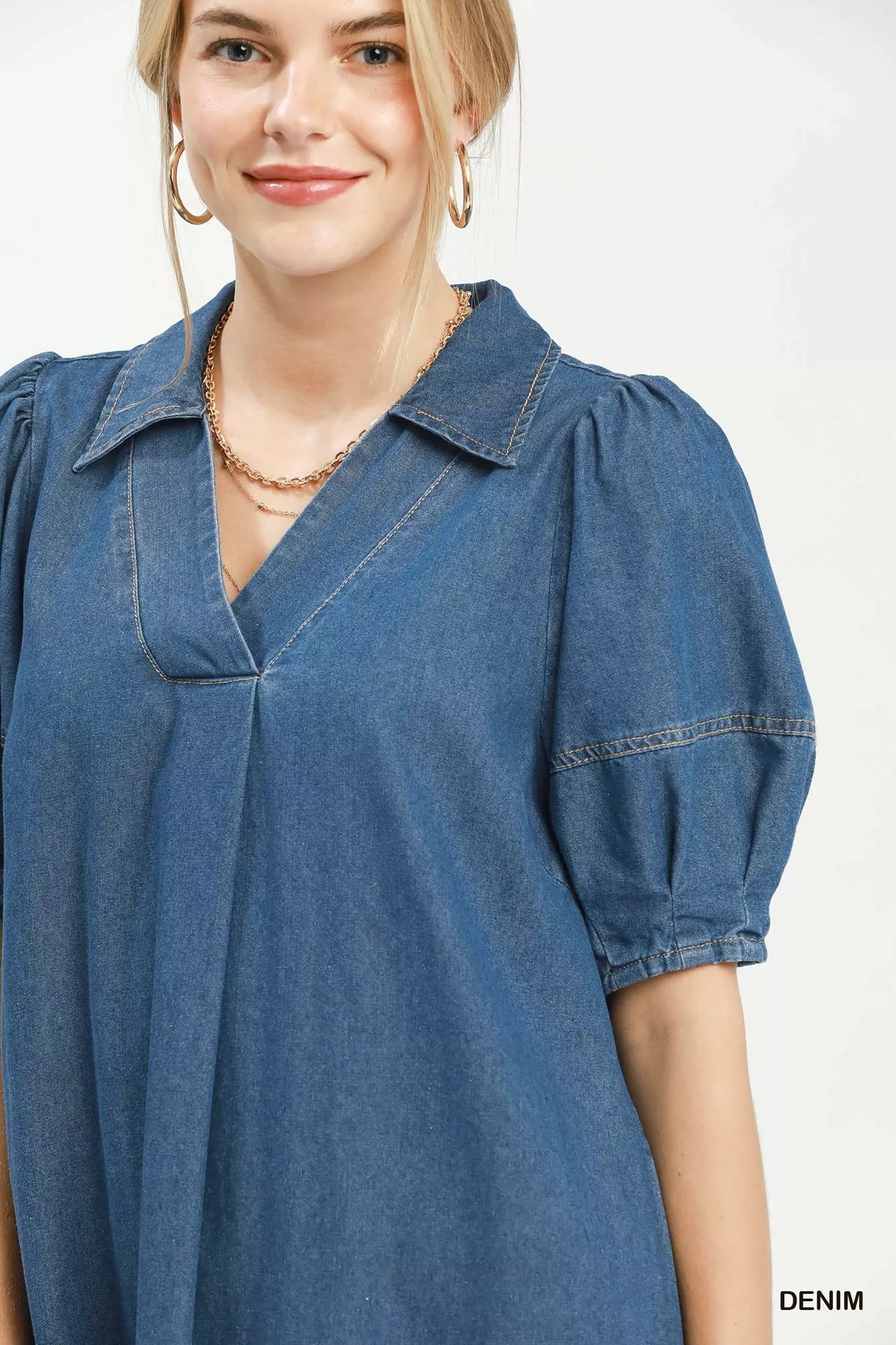 Umgee Chambray Collared Puff Sleeve Dress - DENIM - Bexa Boutique
