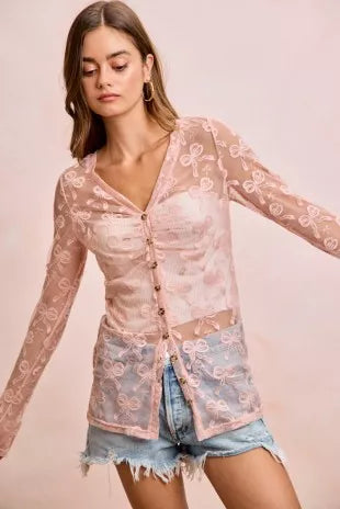 BiBi Bow Pattern Shrried V-neck Mesh Cardigan Top - DUSTY ROSE - Bexa Boutique