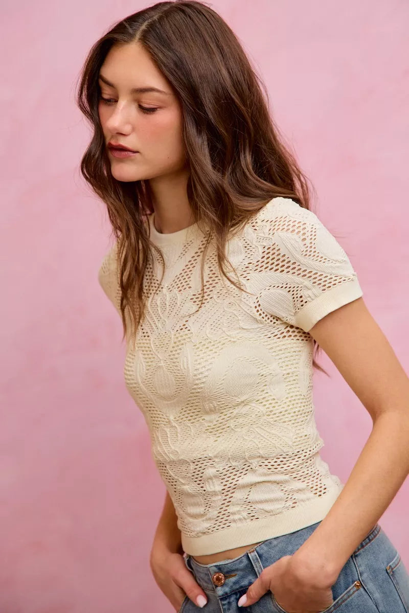 SO ME Floral Perforated Seamless Active Short Sleeve Top - OFF WHITE - Bexa Boutique