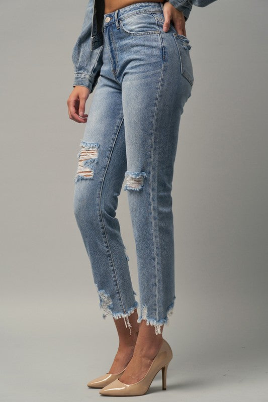 High Waist Distressed Fray Straight Jeans