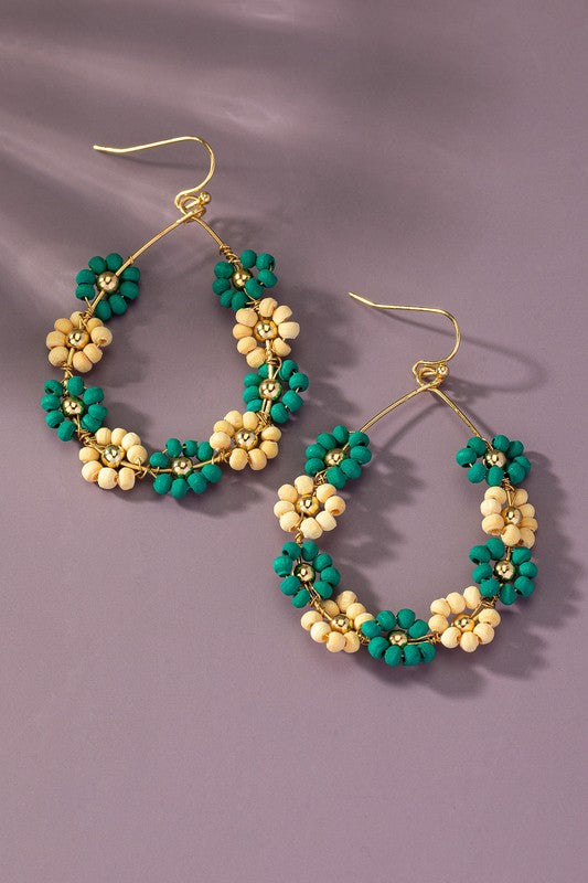 Hand done multi wood beaded flower hoop earrings