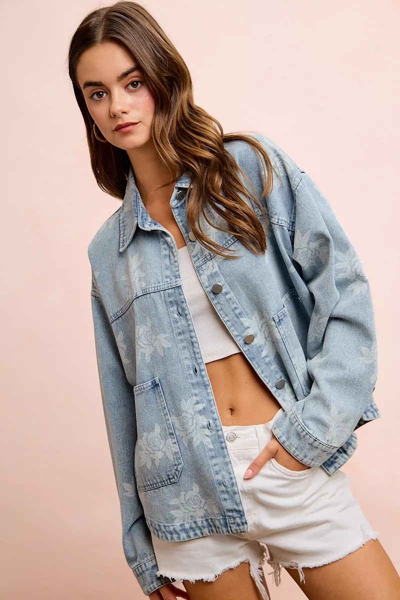BiBi Printed Washed Denim Jacket With Pocket - DENIM - Bexa Boutique