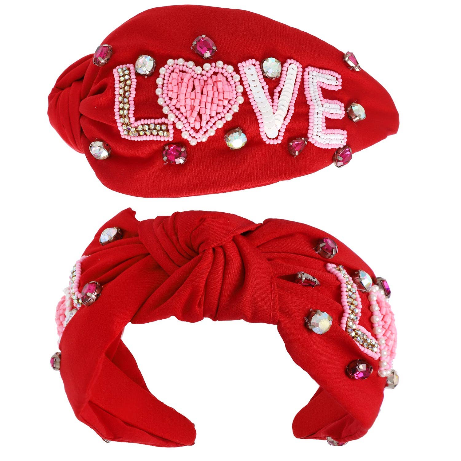 Valentines Day Top Knotted Embellished Headband: Pink