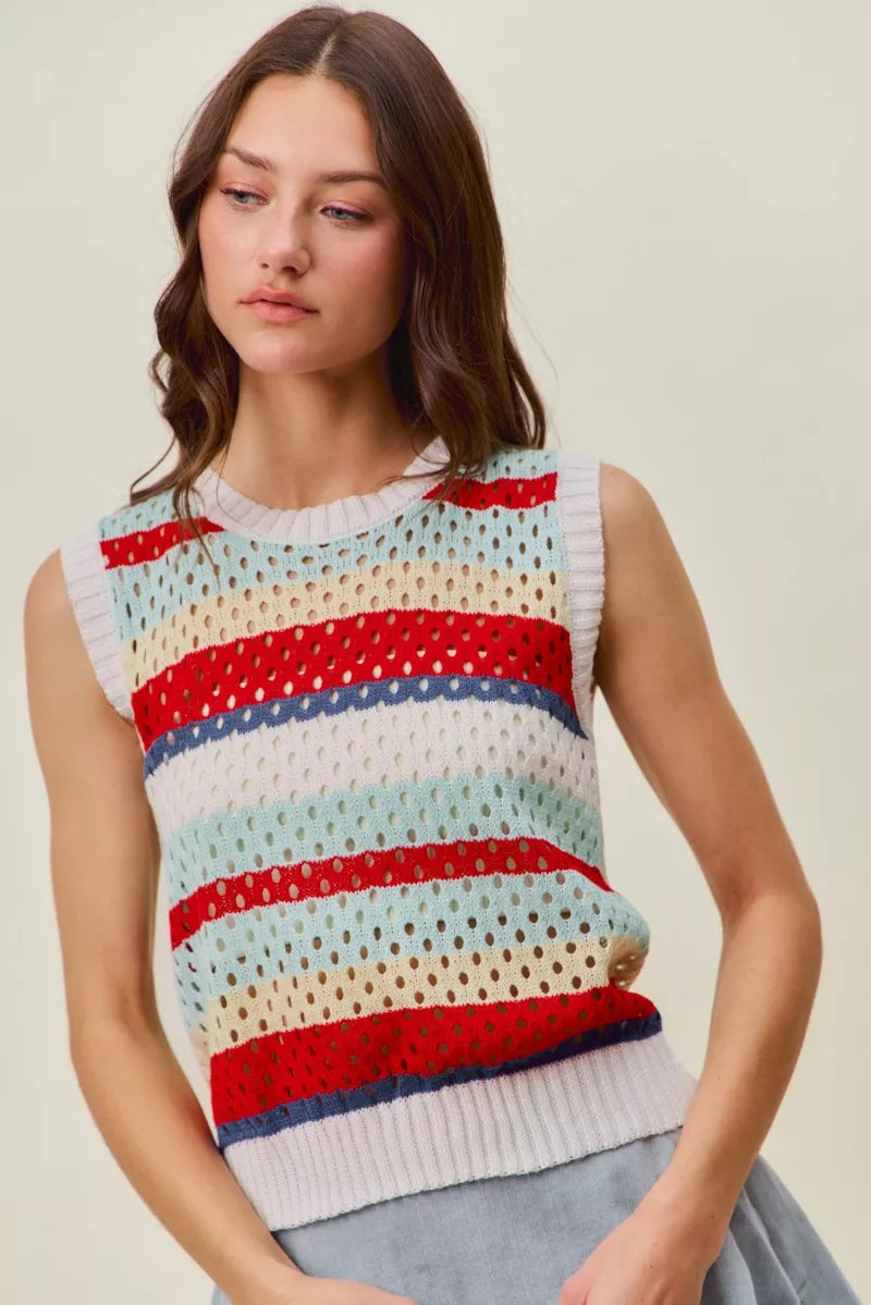 SO ME Tie Back Multi Stripe Sweater Knit Tank Top - RED MULTI - Bexa Boutique