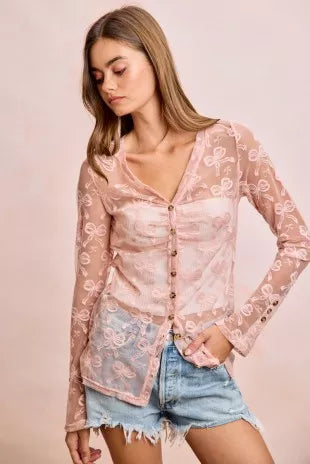 BiBi Bow Pattern Shrried V-neck Mesh Cardigan Top - DUSTY ROSE - Bexa Boutique