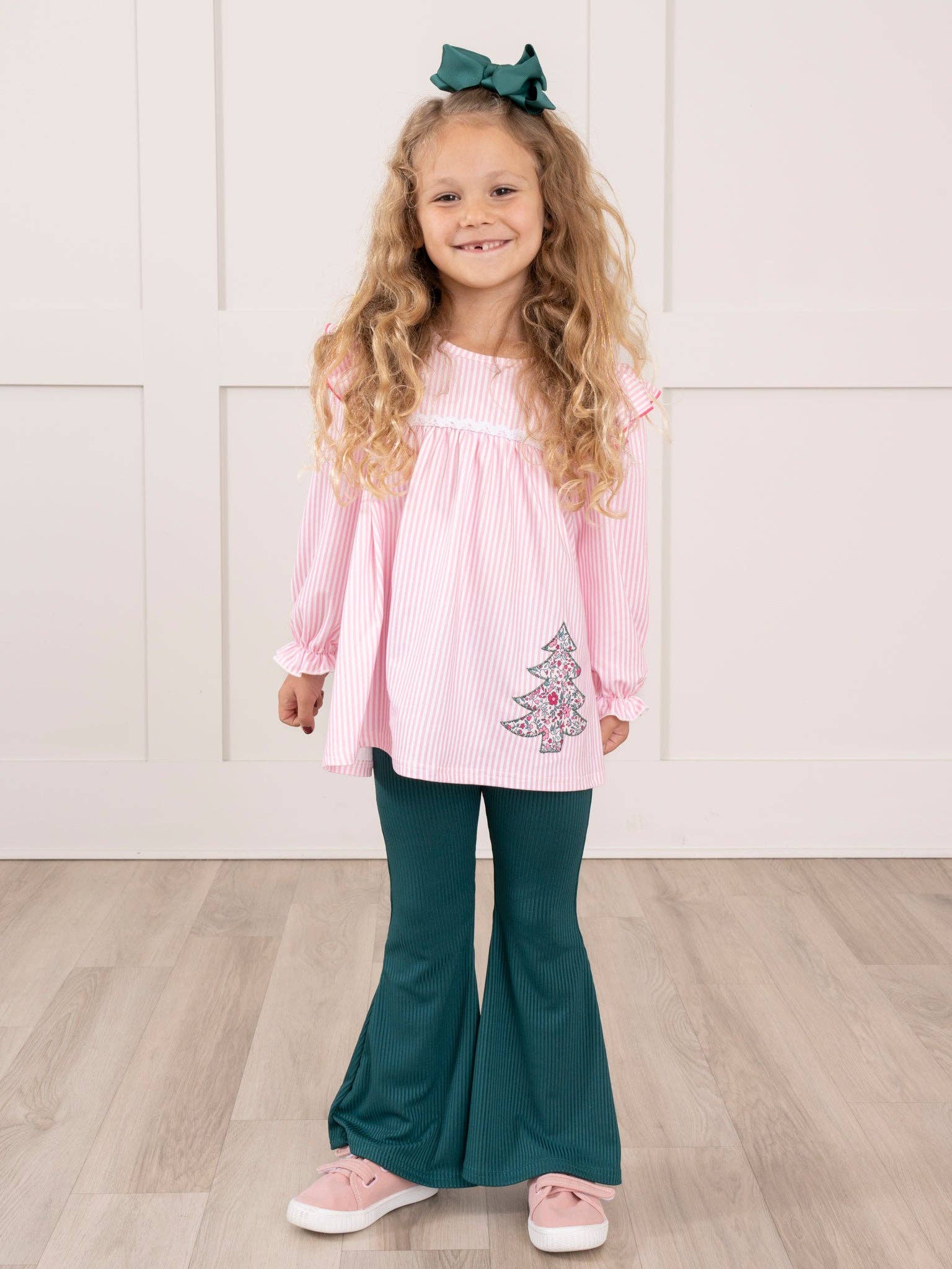 Pink Striped Embroidered Floral Trees Bell Bottoms Outfit