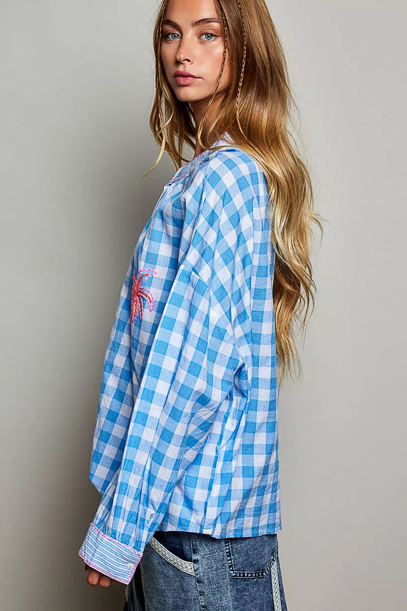 POL Gingham Embroidered Palm Tree Blouse - BLUE MULTI - Bexa Boutique