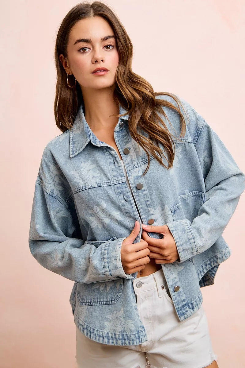 BiBi Printed Washed Denim Jacket With Pocket - DENIM - Bexa Boutique