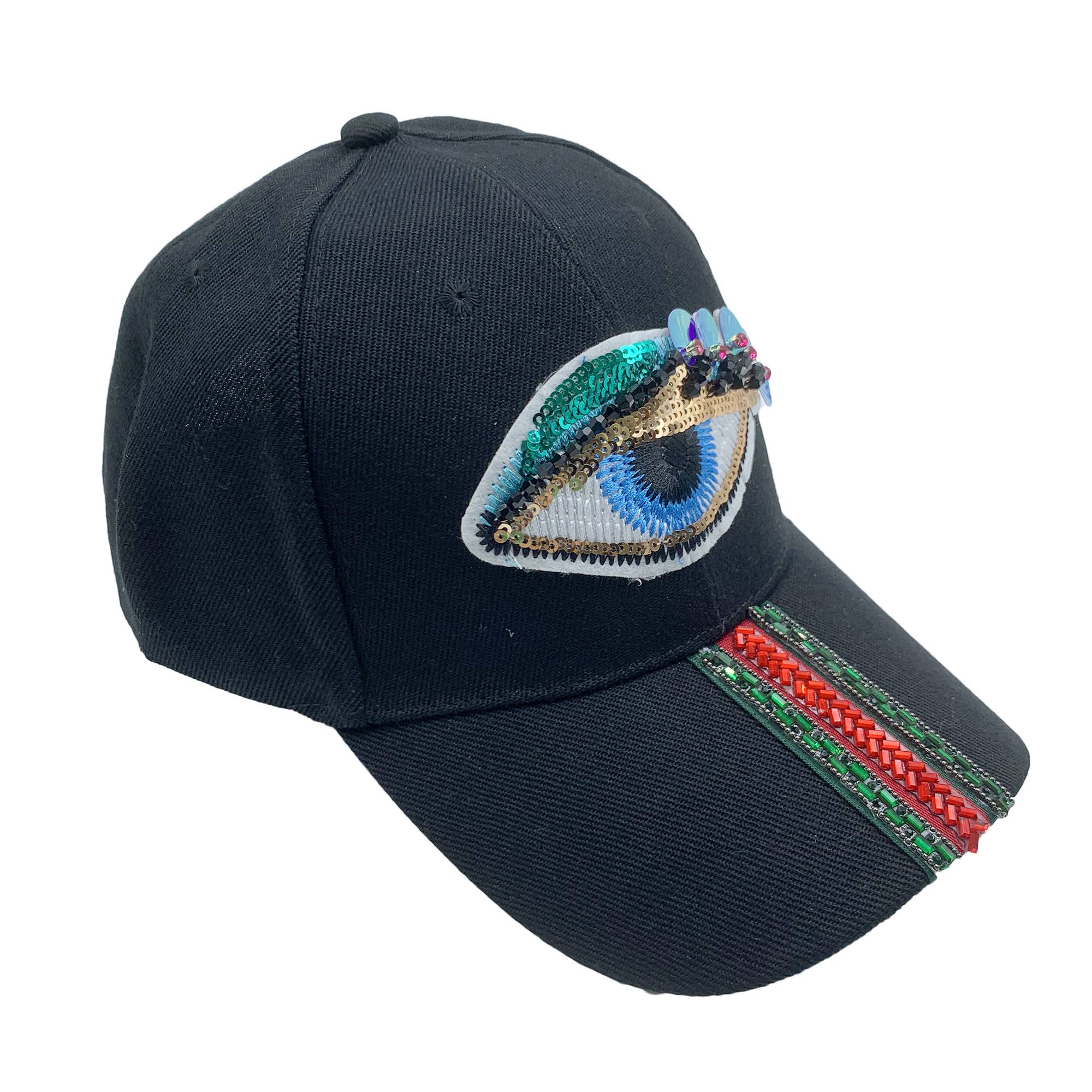 Evil Eye Sequin Lashes Striped Rhinestone Cap