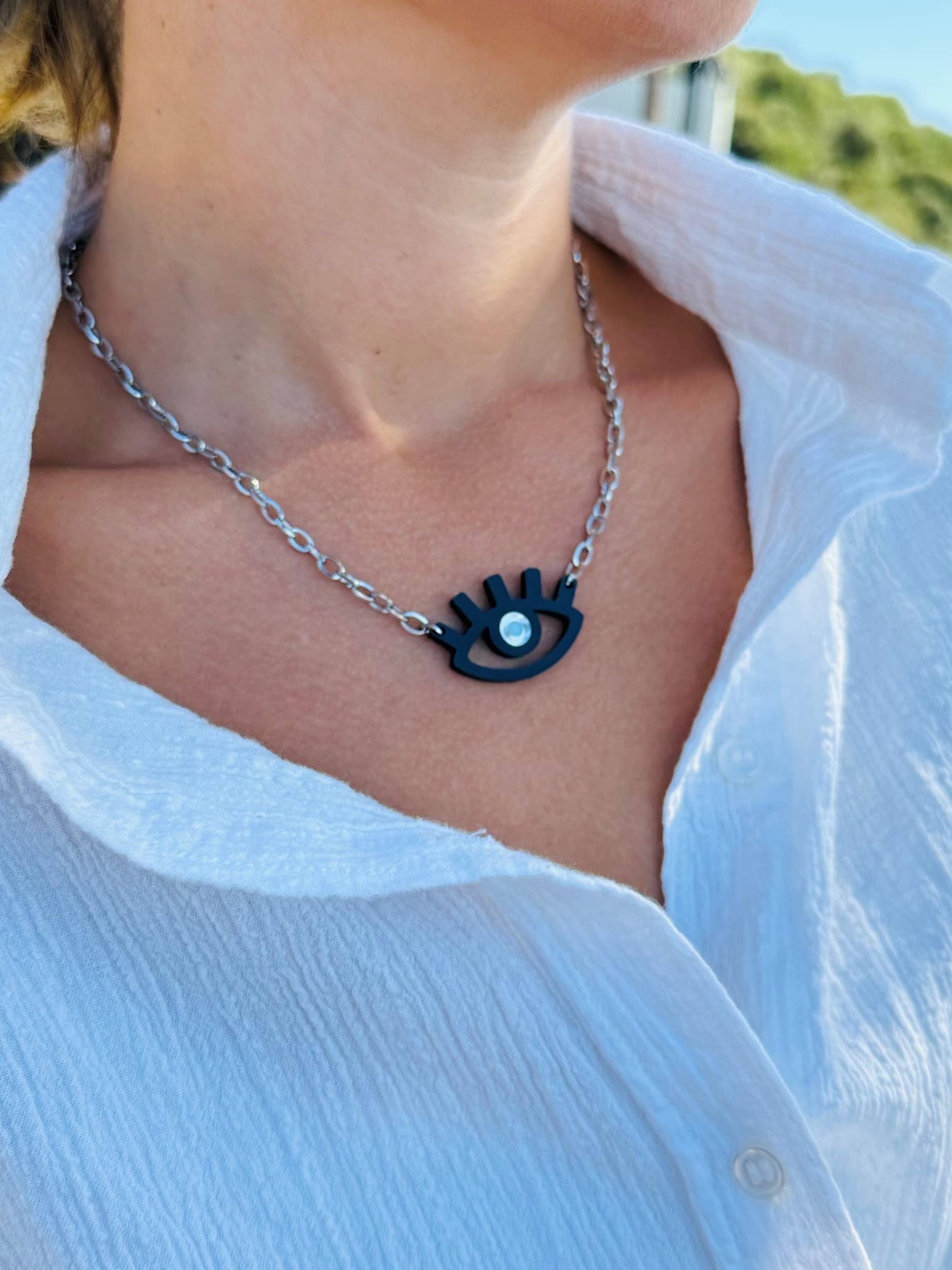 Silver Chain Evil Eye Necklace Made in Greece