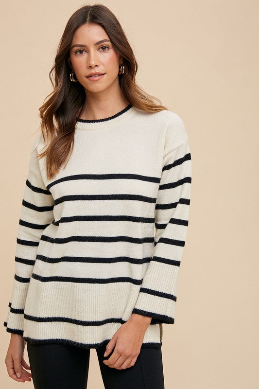 Ivory Striped Round Neck Sweater